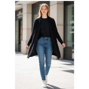 JOAN VASS  New York Women's Sweater Black Open Front Long Cozy Size Large